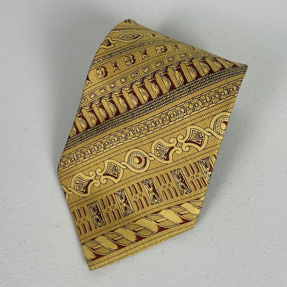 VTG Cecilia Metheny Architectural Silk Tie Mens OS Gold Burgundy Italy Ornate